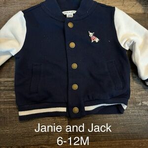 Janie and Jack Navy and White Baby Varsity Jacket with Dog Patch